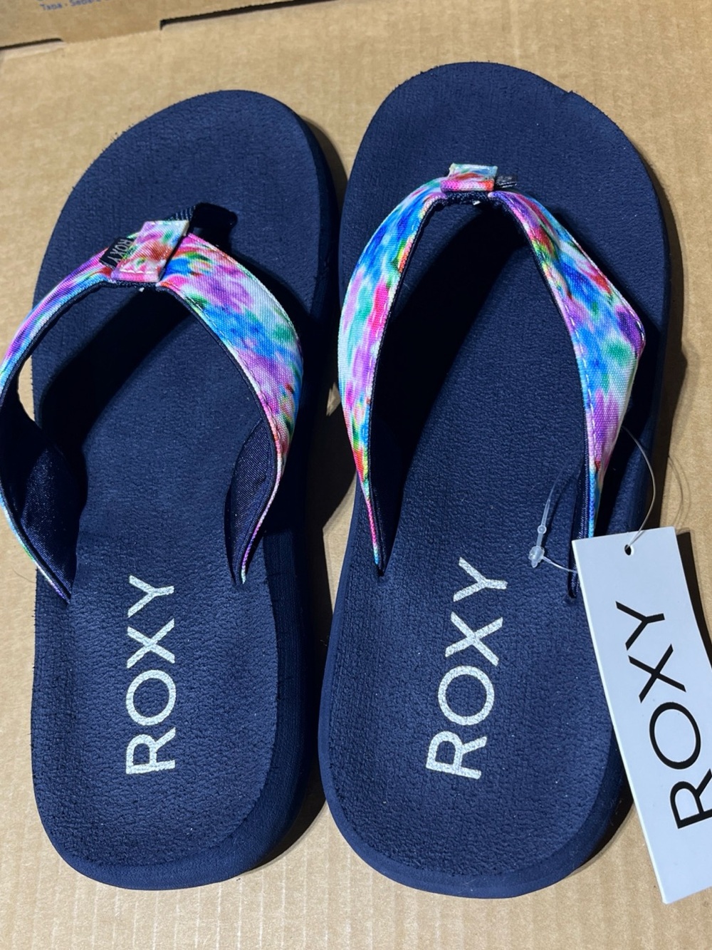 Roxy Navy Kids Flip-Flops with Multicolor Tie-Dye  Straps size 10 New